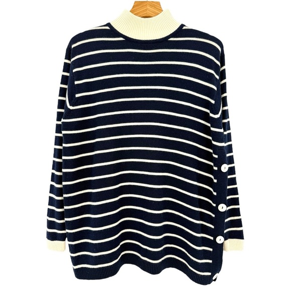 Liz Claiborne Women`s Navy & Ivory Striped Lambswool Mock Neck Sweater Tunic M - Picture 1 of 7